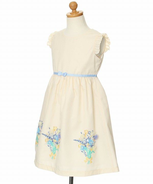 Children's clothing girl 100 % cotton flower motif & print ribbon One -piece off -white (11) torso