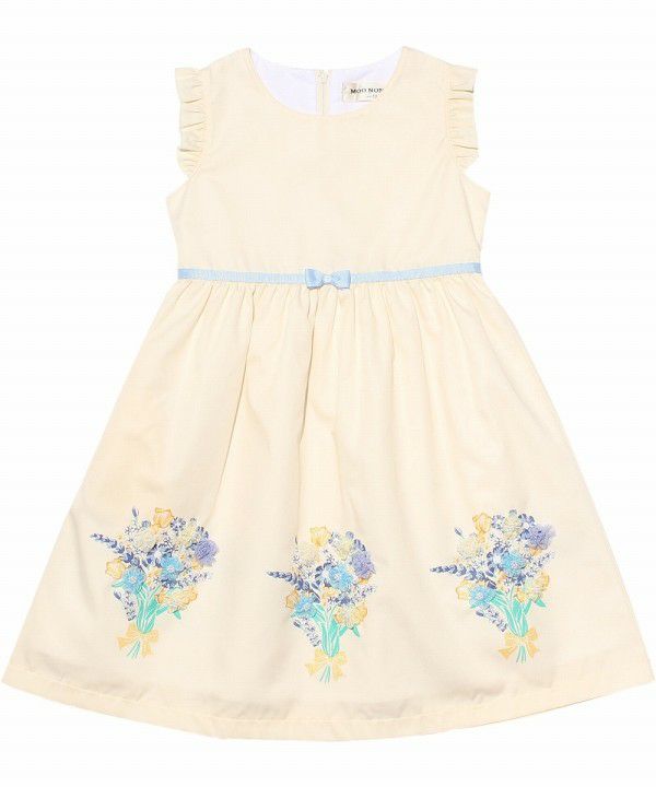 Children's clothing girl 100 % cotton flower motif & print ribbon One -piece off -white (11) front