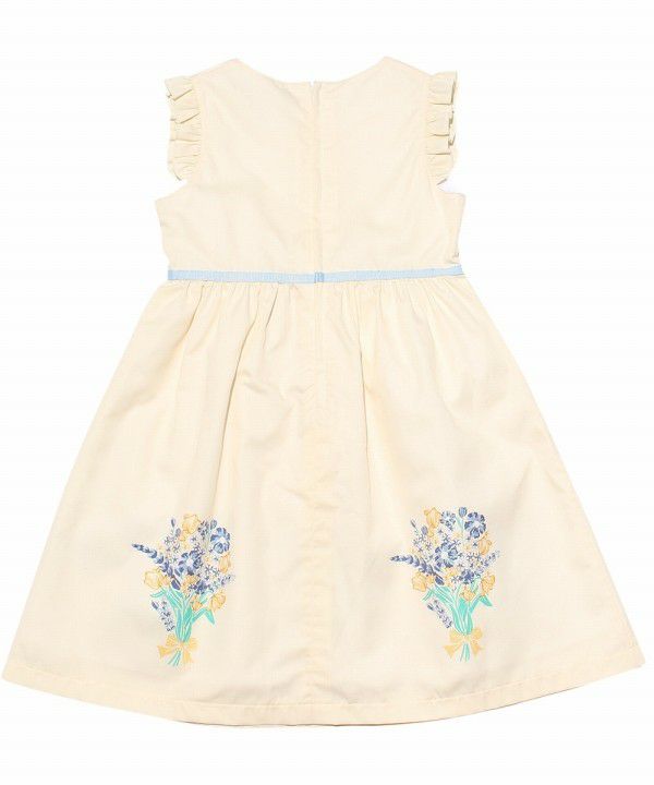 Children's clothing girl 100 % cotton flower motif & print ribbon One -piece off -white (11) back