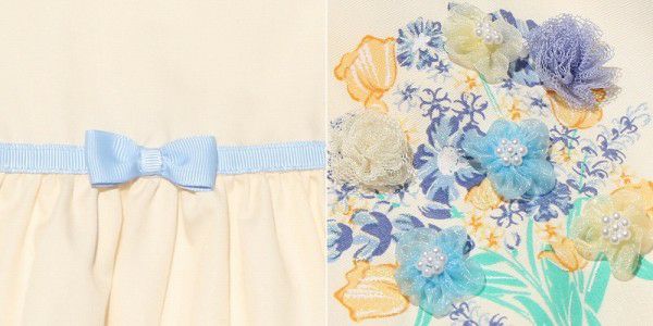 Children's clothing girl 100 % cotton flower motif & print ribbon One -piece off -white (11) Design point 1