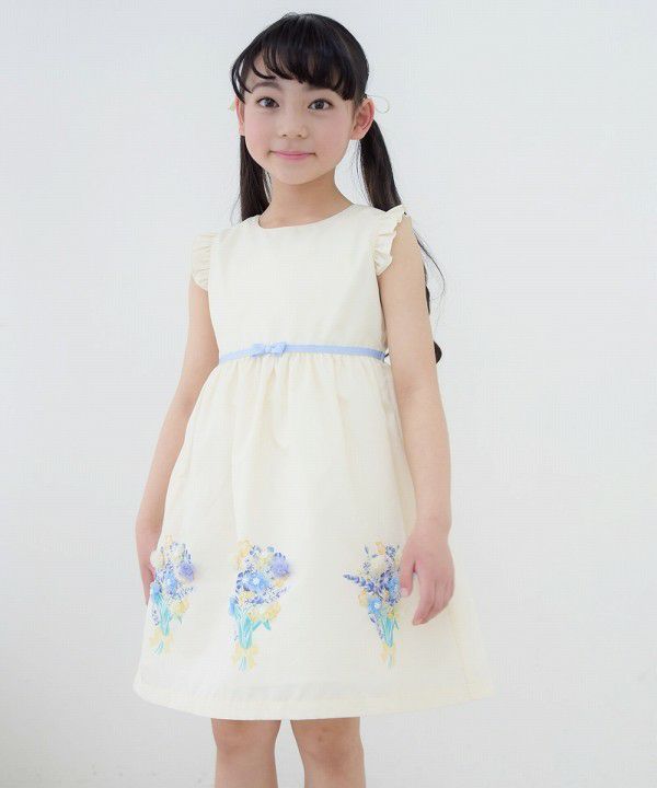 Children's clothing girl 100 % cotton flower motif & print ribbon One -piece off -white (11) model image