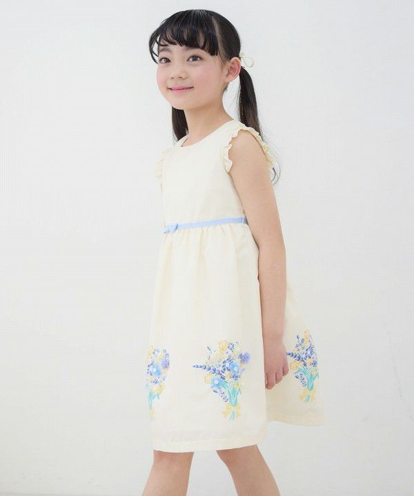 Children's clothing girl 100 % cotton flower motif & print ribbon One -piece off -white (11) model image 2