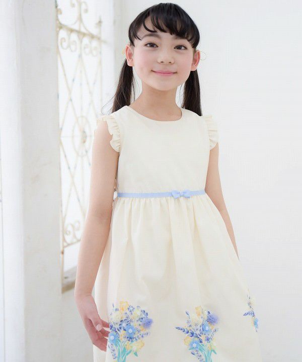 Children's clothing girl 100 % cotton flower motif & print ribbon One -piece off -white (11) model image 3