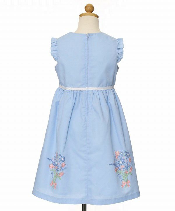 Children's clothing girl 100 % cotton flower motif & print ribbon dress blue (61) torso