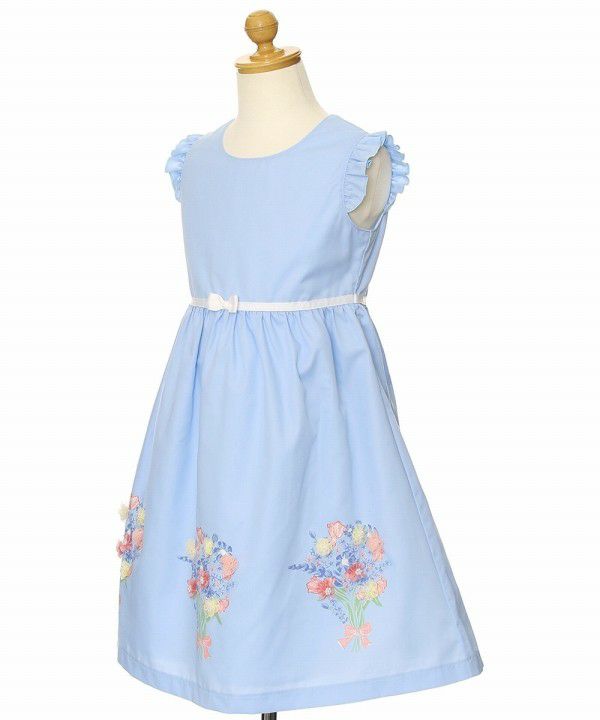 Children's clothing girl 100 % cotton flower motif & print ribbon dress blue (61) torso