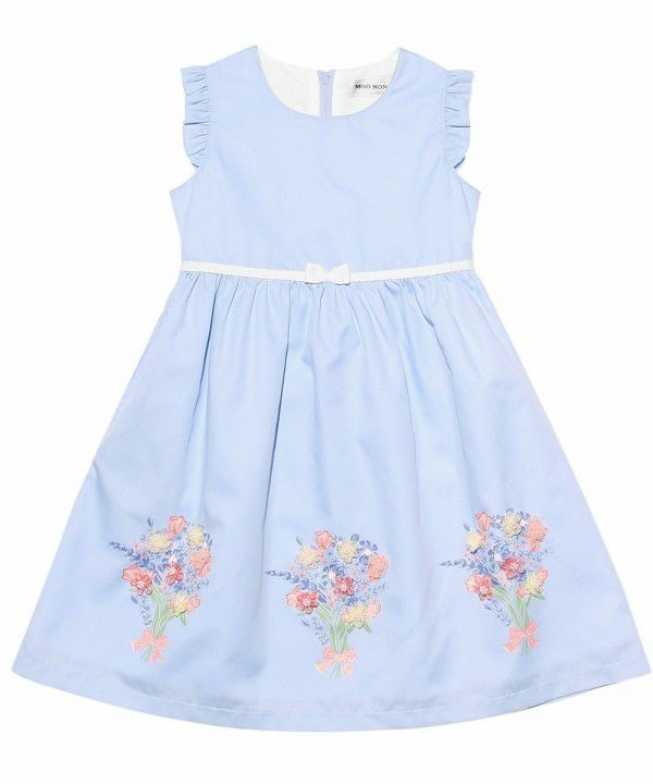 Children's clothing girl 100 % cotton flower motif & print ribbon dress blue (61) front