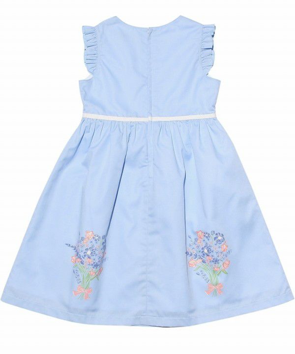 Children's clothing girl 100 % cotton flower motif & print ribbon dress blue (61) back