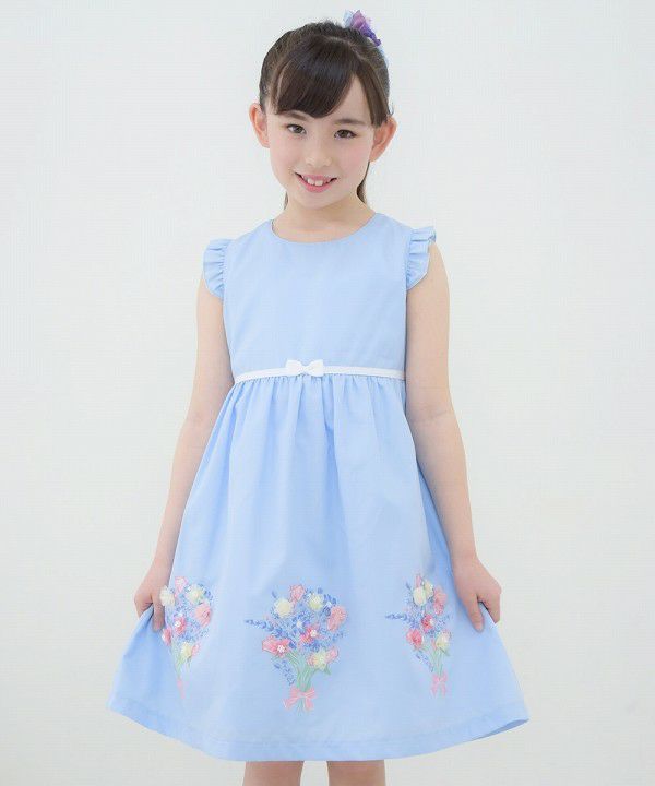 Children's clothing girl 100 % cotton flower motif & print ribbon One -piece blue (61) model image up