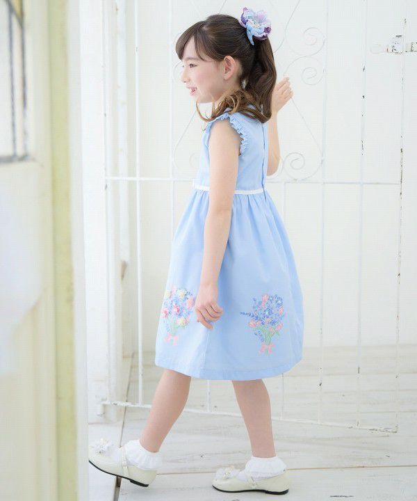 Children's clothing girl 100 % Cotton Motif & Print Ribbon One Piece Blue (61) Model Image 2