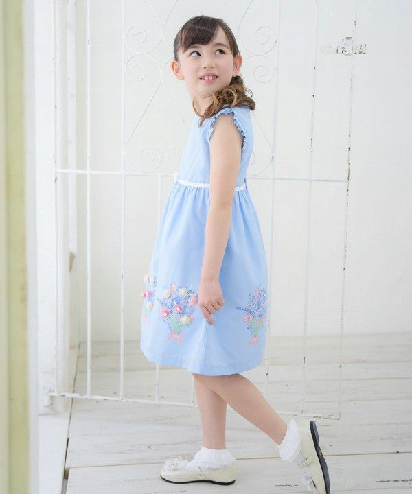 Children's clothing girl 100 % Cotton Motif & Print Ribbon One Piece Blue (61) Model Image 3
