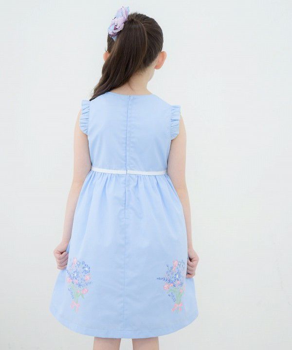 Children's clothing girl 100 % cotton flower motif & print ribbon dress blue (61) model image 4