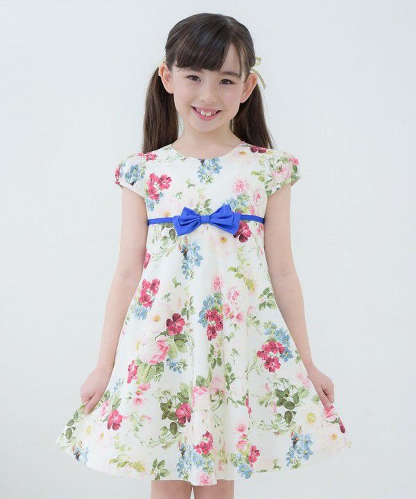 Children's clothing girl 100 % cotton made by floral pattern One -piece off -white (11) model image up