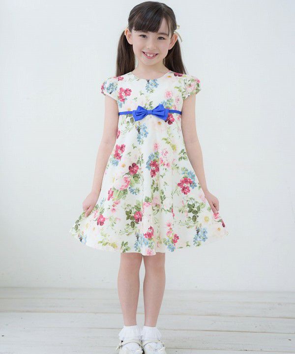 Children's clothing girl 100 % cotton made by floral pattern One -piece off -white (11) model image whole body