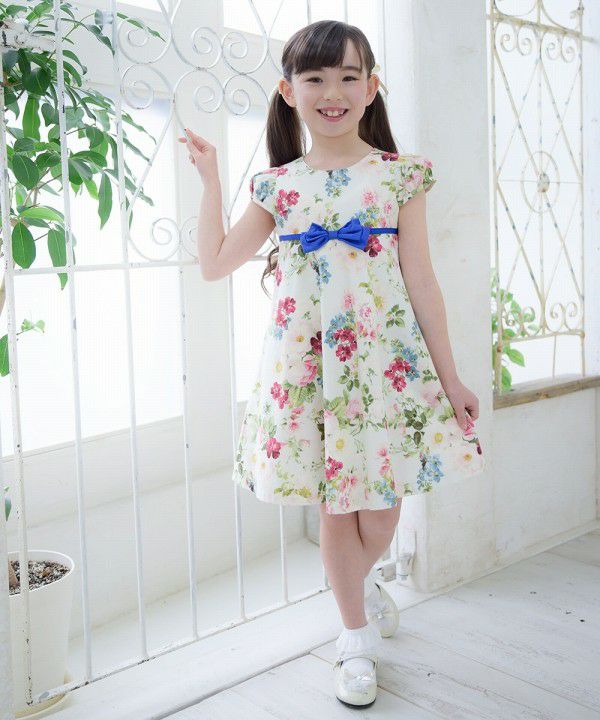 Children's clothing girl 100 % cotton made by floral pattern One -piece off -white (11) model image 2