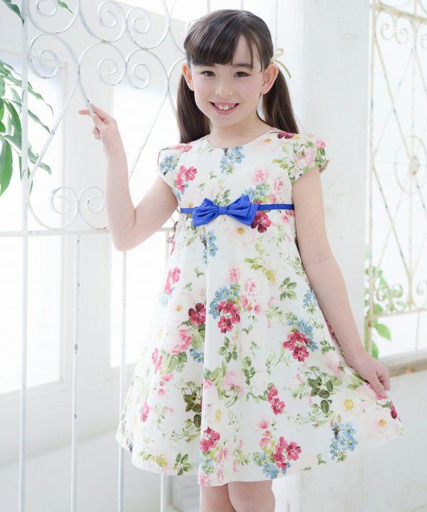 Children's clothing girl 100 % cotton made by floral pattern One -piece off -white (11) model image 3