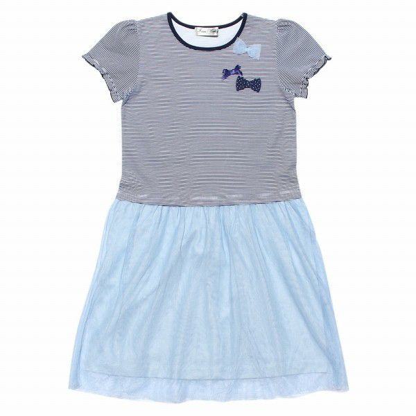 Junior size striped pattern top with tulle docking dress Navy front