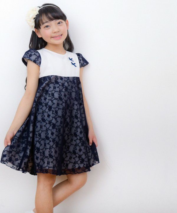 Made in Japan Flower Pattern Lace Switching Material Dress White/Black model image up