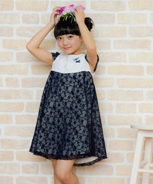 Made in Japan Flower Pattern Lace Switching Material Dress White/Black model image 1