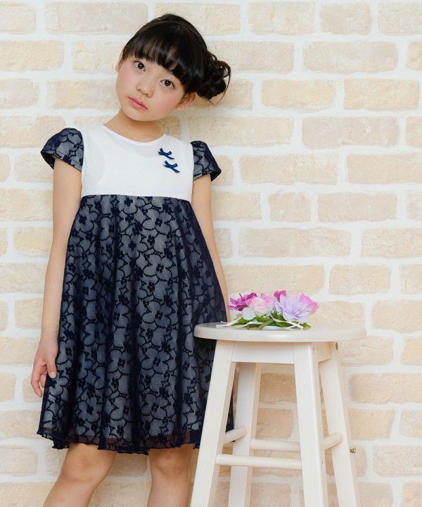 Made in Japan Flower Pattern Lace Switching Material Dress White/Black model image 3