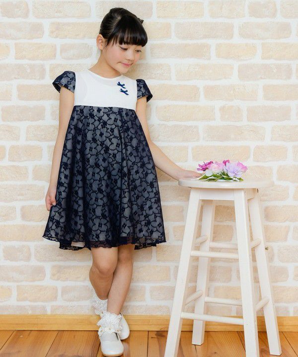 Made in Japan Flower Pattern Lace Switching Material Dress White/Black model image 4