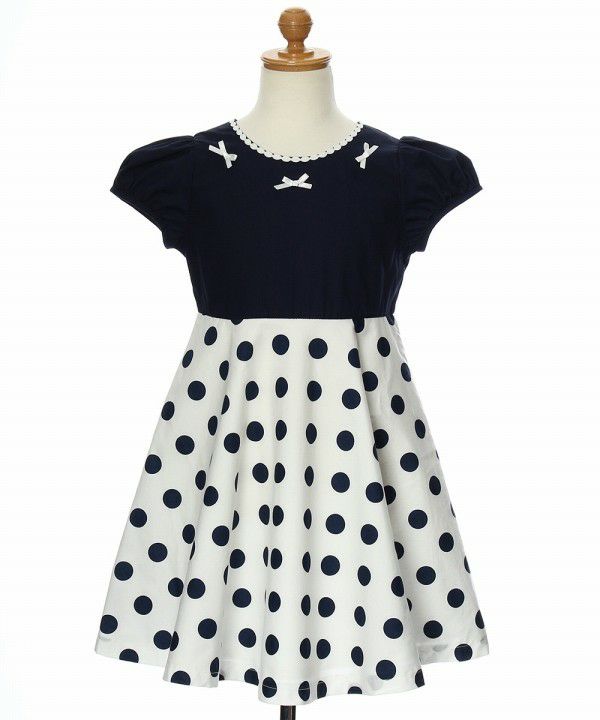 Made in Japan 100% cotton polka dot dress with ribbons Navy torso