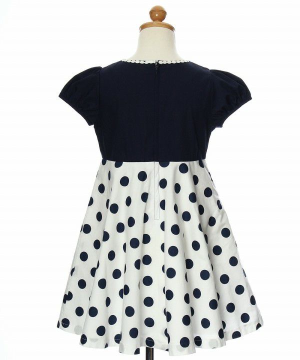 Made in Japan 100% cotton polka dot dress with ribbons Navy torso