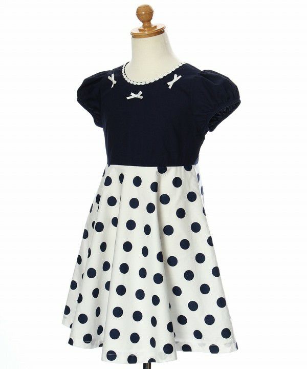 Made in Japan 100% cotton polka dot dress with ribbons Navy torso