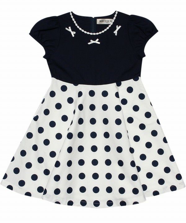 Made in Japan 100% cotton polka dot dress with ribbons Navy front