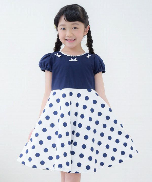 Made in Japan 100% cotton polka dot dress with ribbons Navy model image up