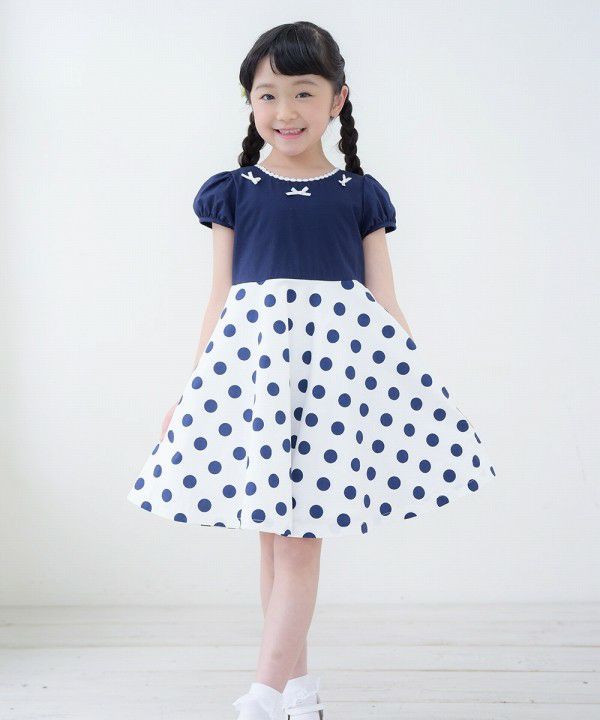 Made in Japan 100% cotton polka dot dress with ribbons Navy model image whole body