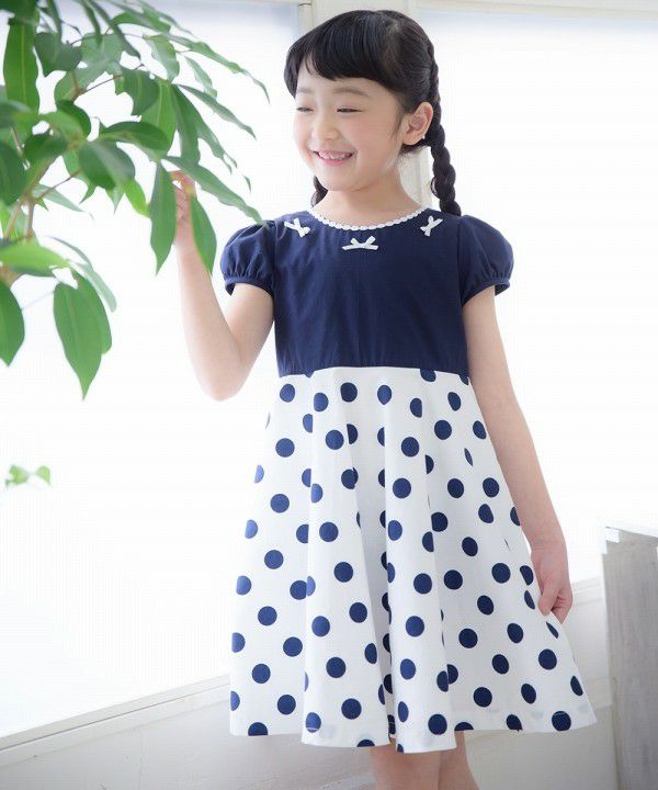 Made in Japan 100% cotton polka dot dress with ribbons Navy model image 1