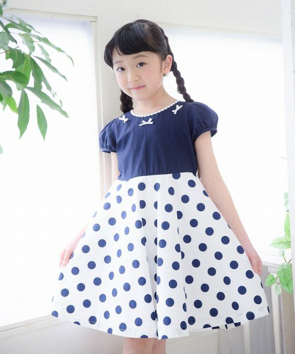 Made in Japan 100% cotton polka dot dress with ribbons Navy model image 2