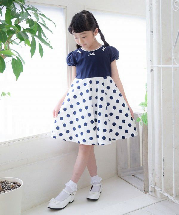 Made in Japan 100% cotton polka dot dress with ribbons Navy model image 3