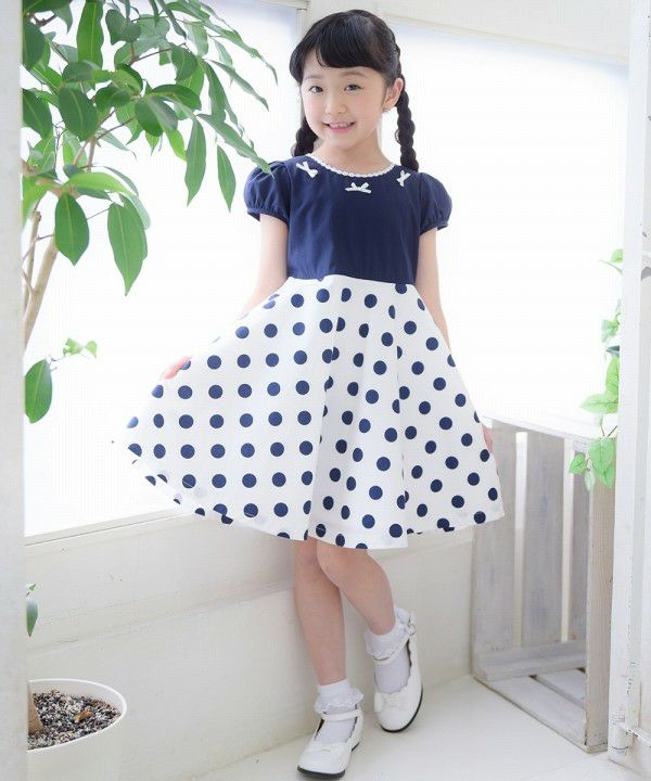 Made in Japan 100% cotton polka dot dress with ribbons Navy model image 4