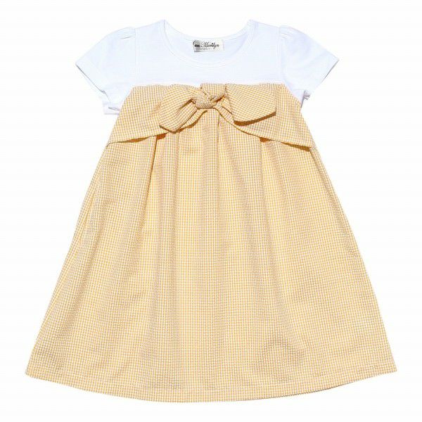 Gingham check dress with ribbon Yellow front