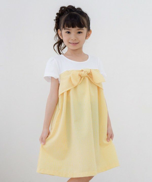 Gingham check dress with ribbon Yellow model image up