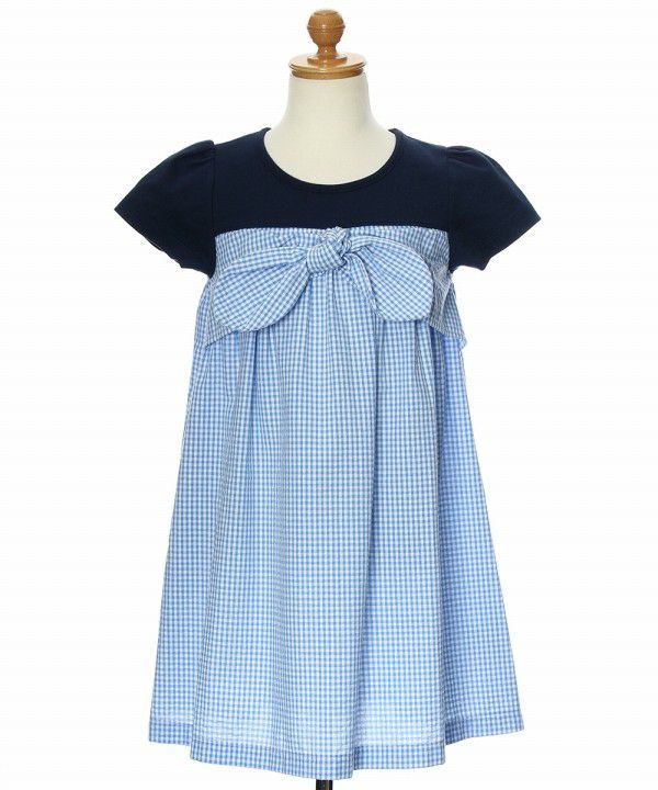 Gingham check dress with ribbon Blue torso