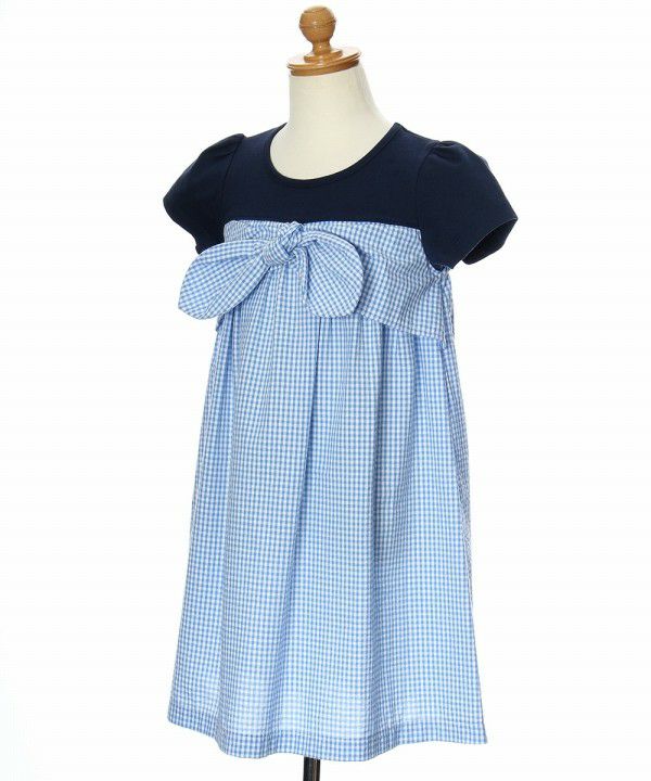 Gingham check dress with ribbon Blue torso