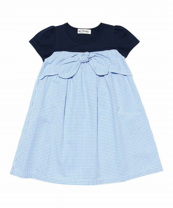 Gingham check dress with ribbon Blue front