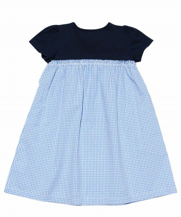 Gingham check dress with ribbon Blue back