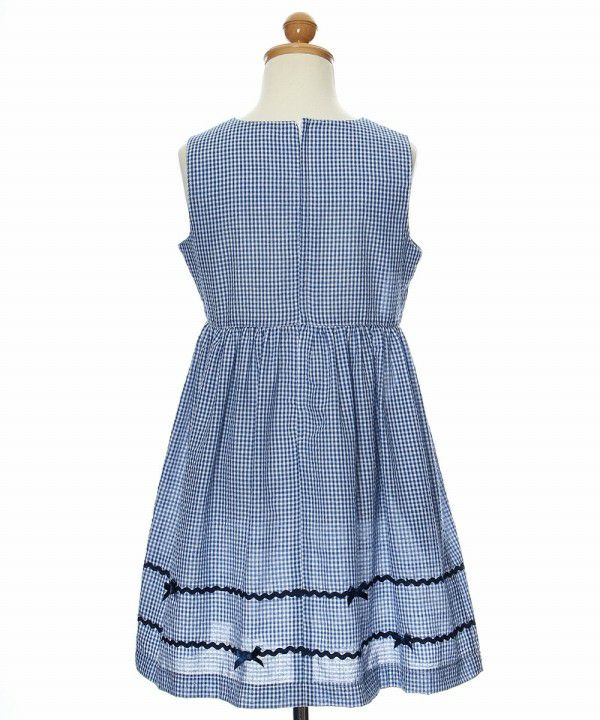 Seersucker gingham dress with ribbons Navy torso