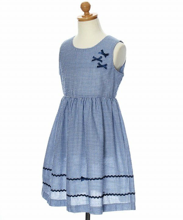 Seersucker gingham dress with ribbons Navy torso