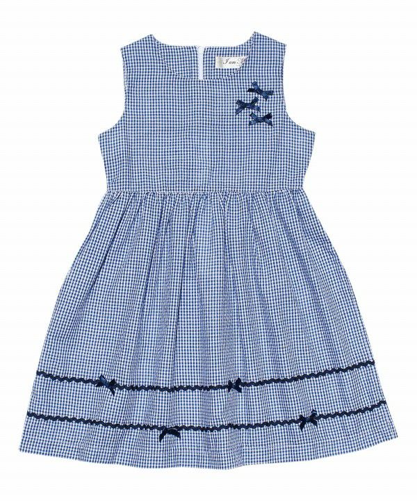 Seersucker gingham dress with ribbons Navy front
