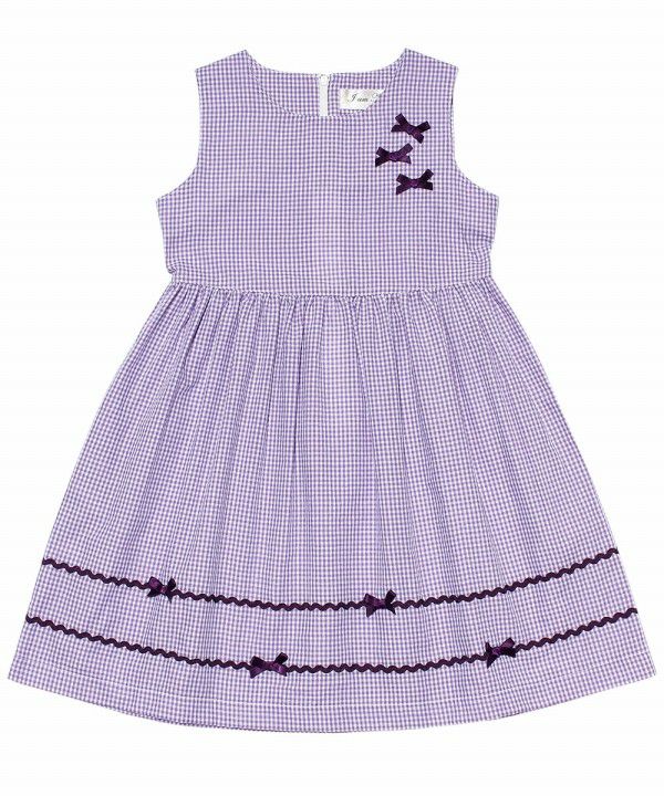 Seersucker gingham dress with ribbons Purple front