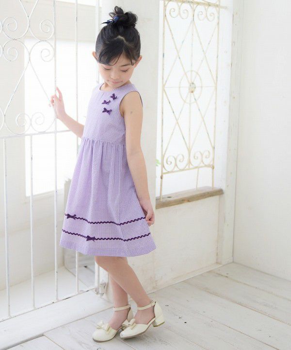 Seersucker gingham dress with ribbons Purple model image 2