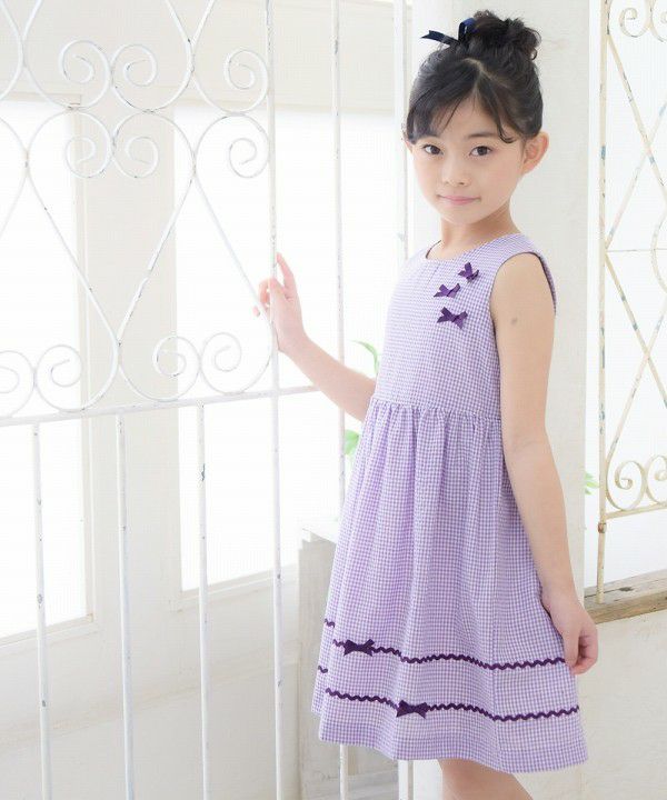 Seersucker gingham dress with ribbons Purple model image 3