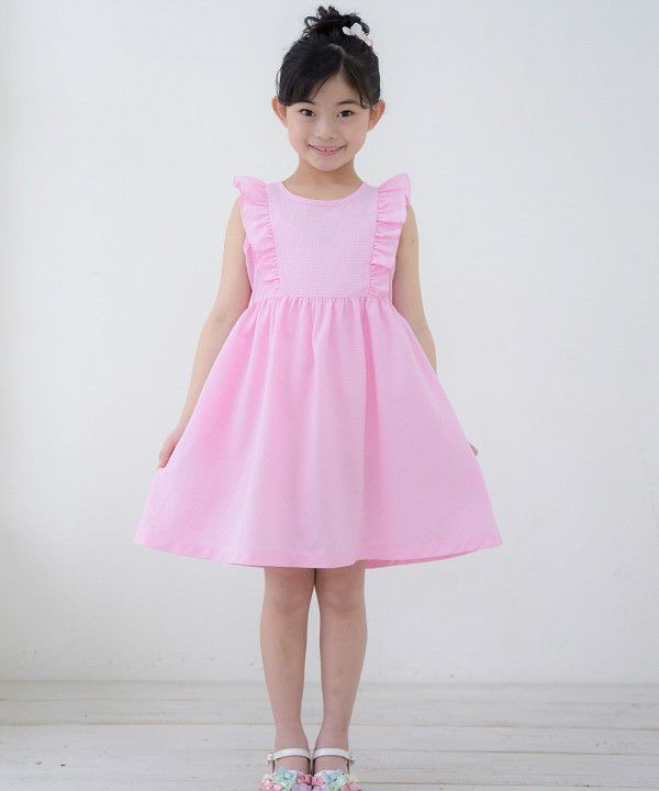 Gingham check dress with frills Pink model image whole body