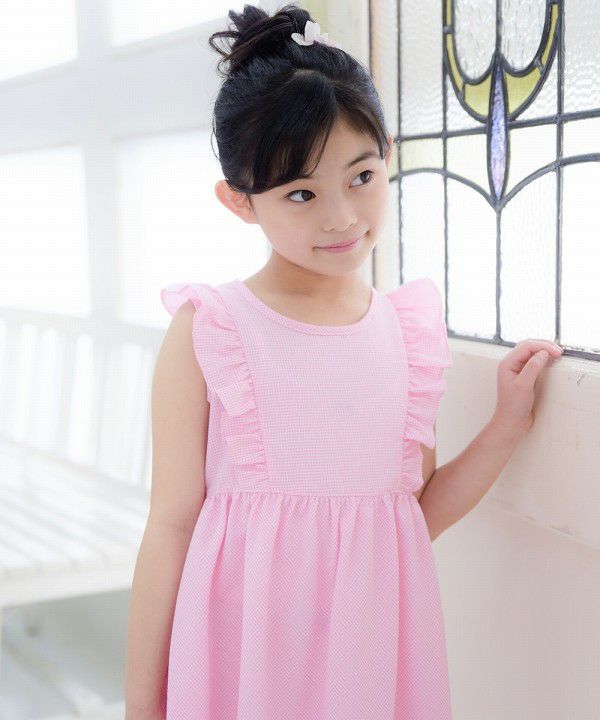 Gingham check dress with frills Pink model image 1