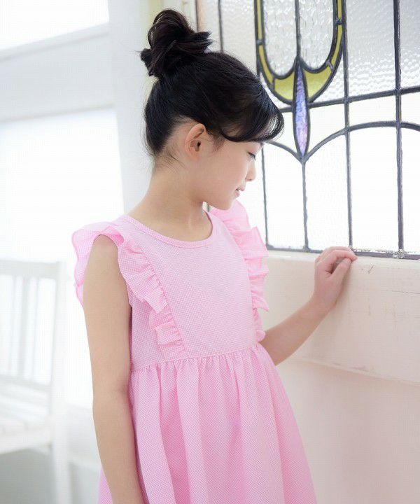 Gingham check dress with frills Pink model image 2