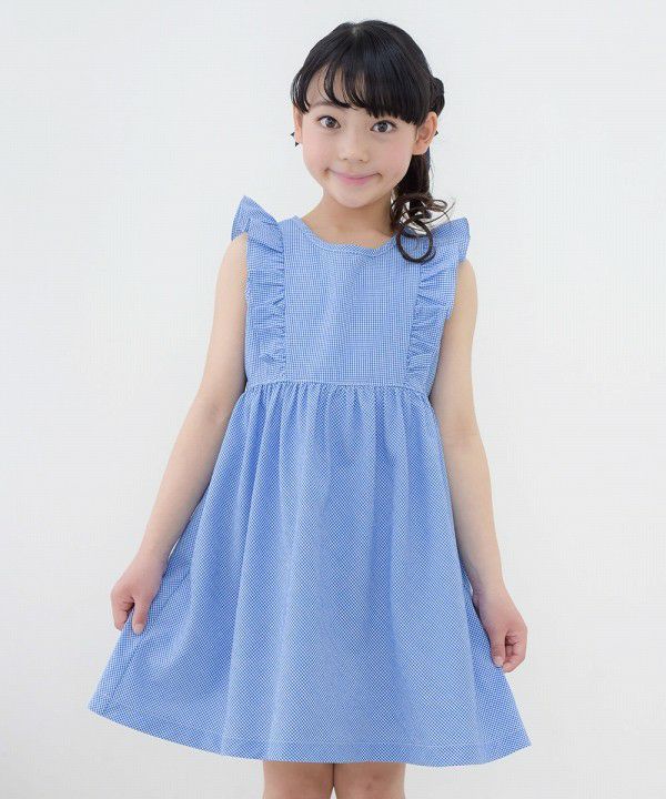 Gingham check dress with frills Blue model image up